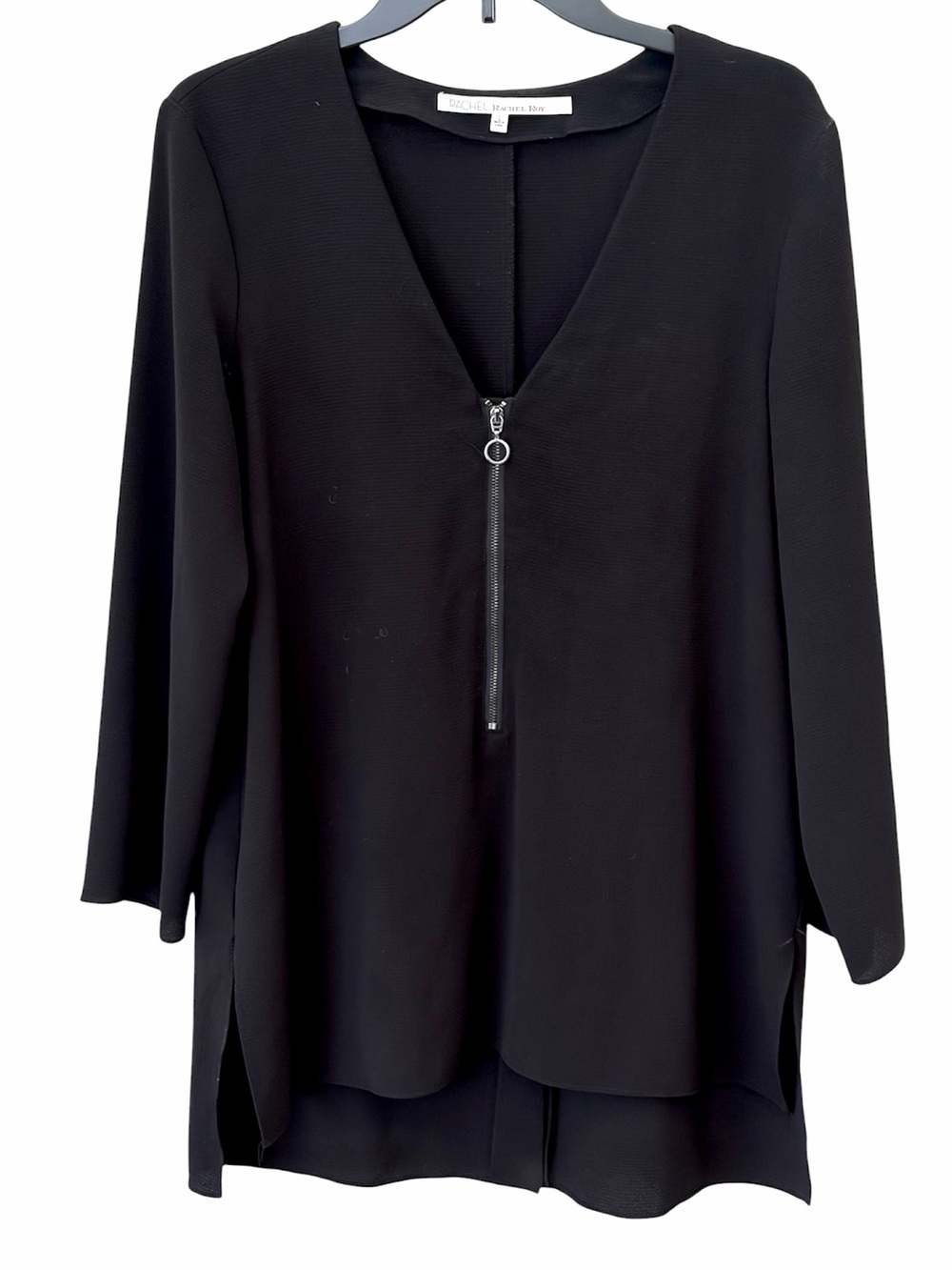 Rachel Roy Black V-Neck Zip Front Tunic Top